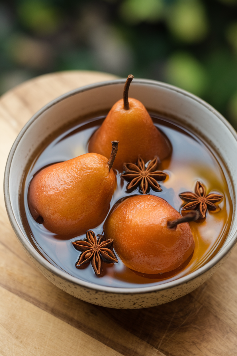 Photo of an indoor bowl featuring whole poached pears in amber cider syrup with star anise; no text or logos
