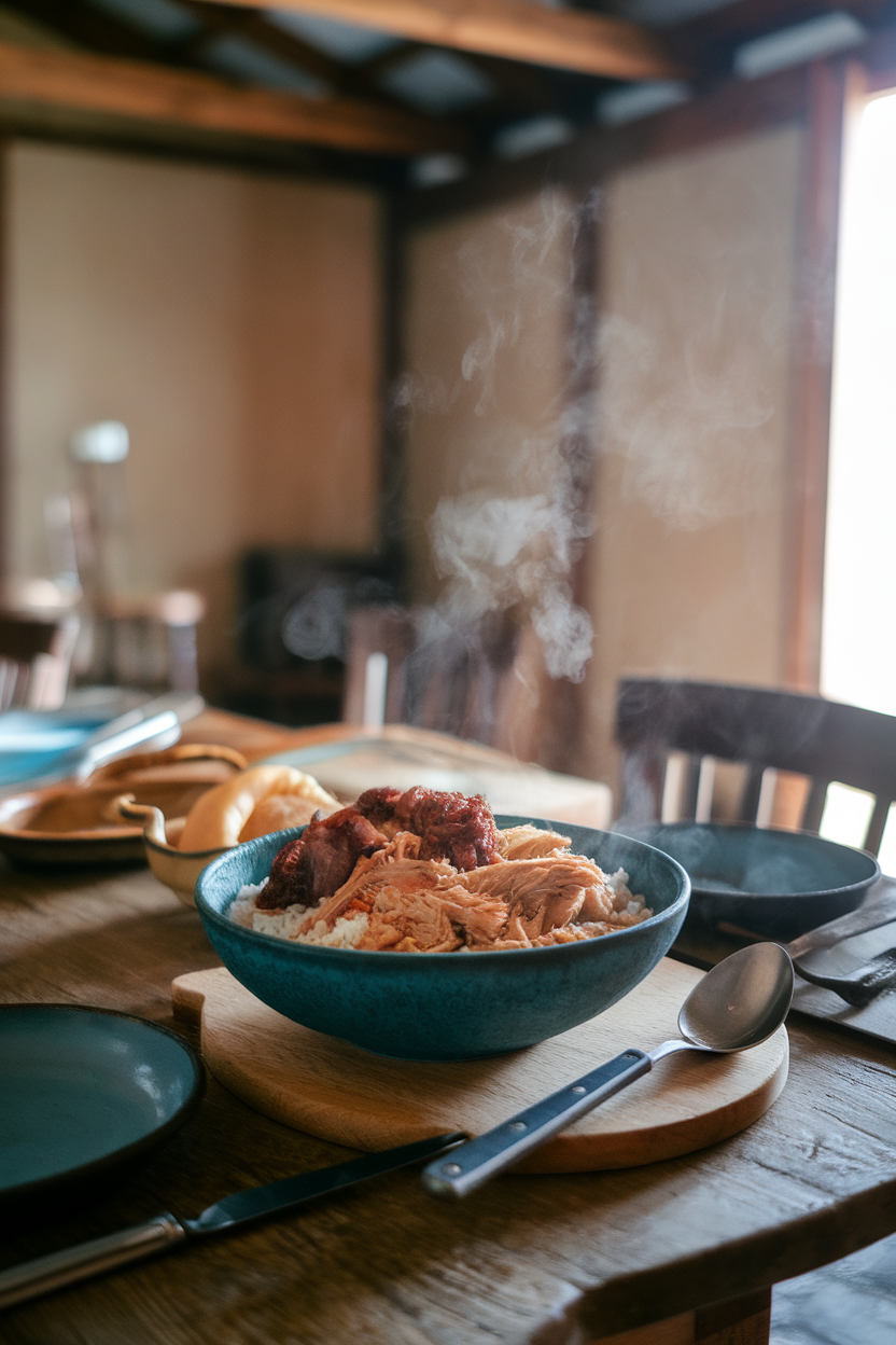 Indoor rustic table setting with a bowl of chicken bog—rice, shredded chicken, and smoked sausage—steam rising, no text or logos. Photo.