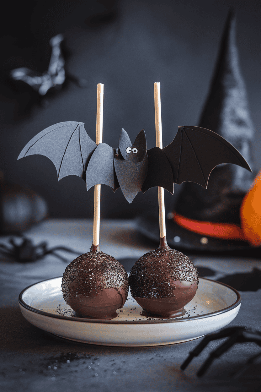 Dark chocolate cake pops coated in black candy melts, edible silver glitter dusted over, pair of paper bat wings inserted, indoor scene, no text or logos. Photo.