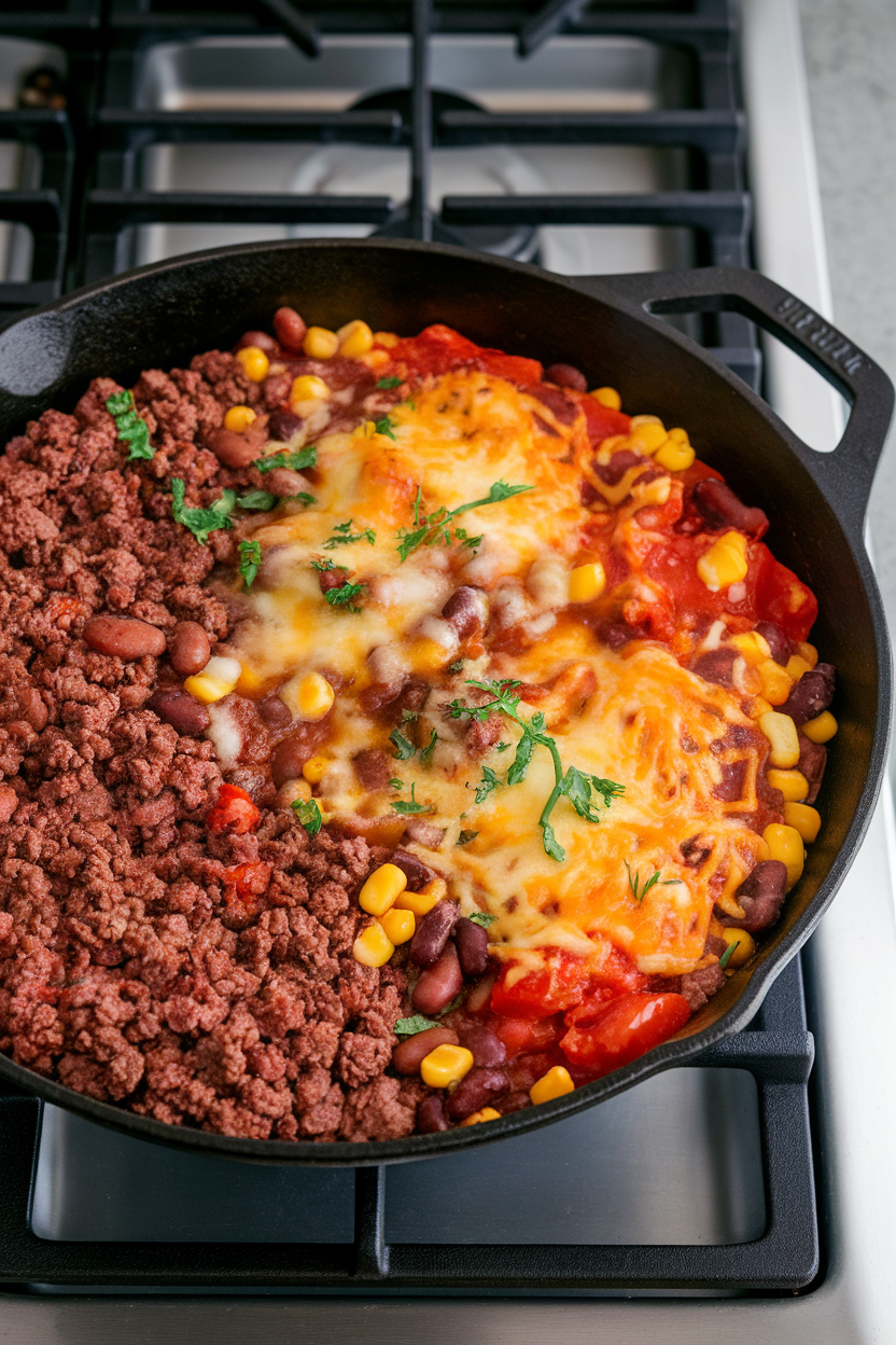 An indoor stovetop scene showing a cast-iron skillet of seasoned ground beef, pinto beans, corn, and tomatoes, cheese melting on top. No text or logos; photo only.
