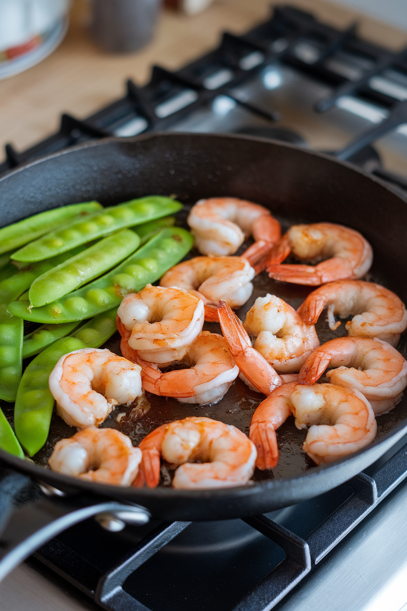 An indoor stovetop scene with a skillet of cooked shrimp glazed in honey garlic sauce, bright green snap peas alongside. No text or logos; photo only.