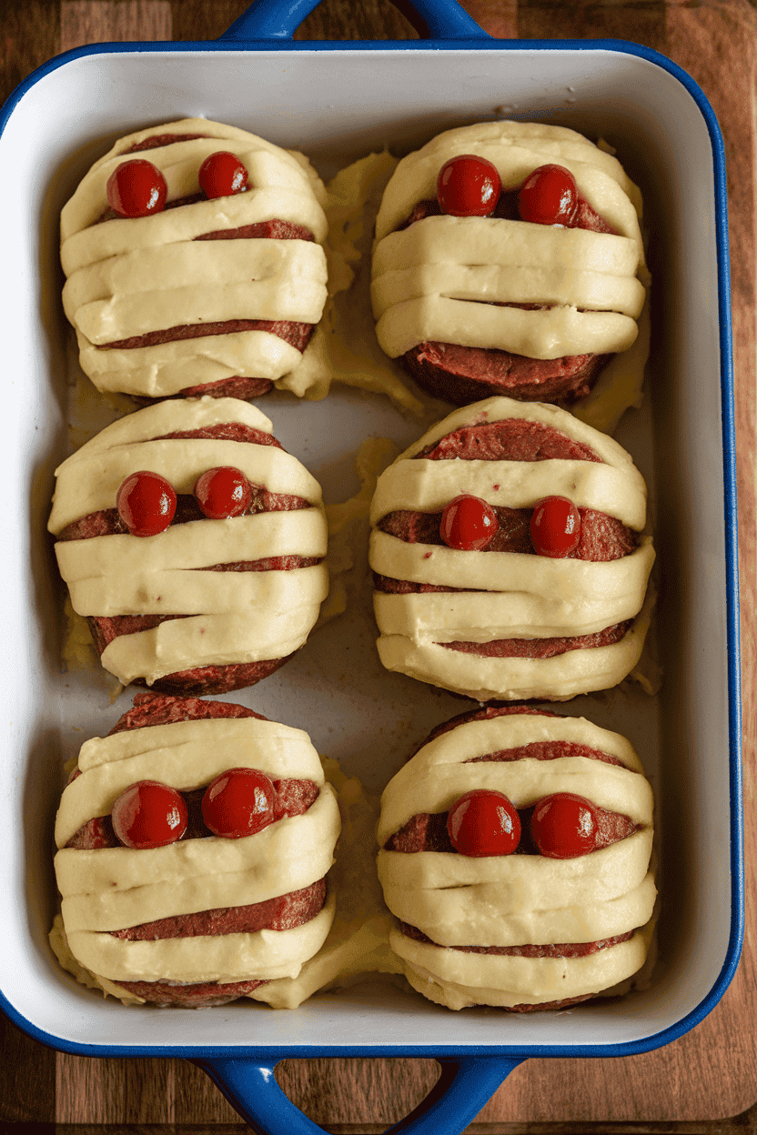 Indoor casserole dish of mini meatloaf shaped like a mummy, mashed potato bandages piped across, ketchup eyes peeking through. No text or logos.