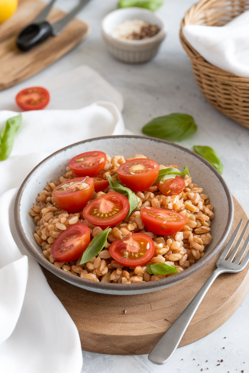 A modern indoor lunch setting with a shallow bowl of farro tossed with halved cherry tomatoes, basil ribbons, and a drizzle of olive oil; no text or logos visible.