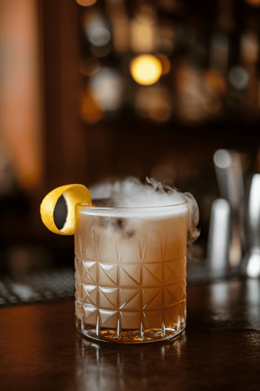 Indoor New Orleans-style bar with heavy rocks glass of nearly black Sazerac, thin absinthe mist on surface, lemon peel curled; no text or logos.