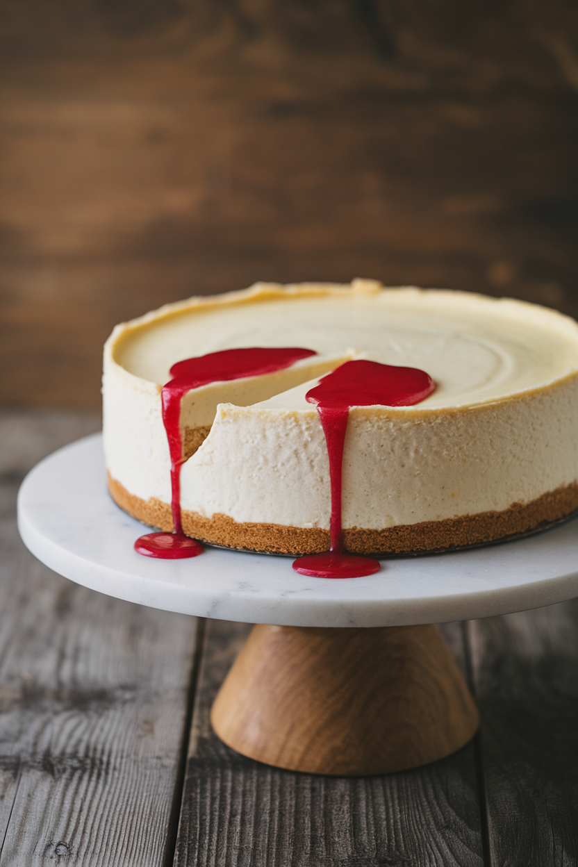 Indoor photo of a classic cheesecake with two “fang” holes dripping raspberry sauce, shown on a marble cake stand. No text or logos.