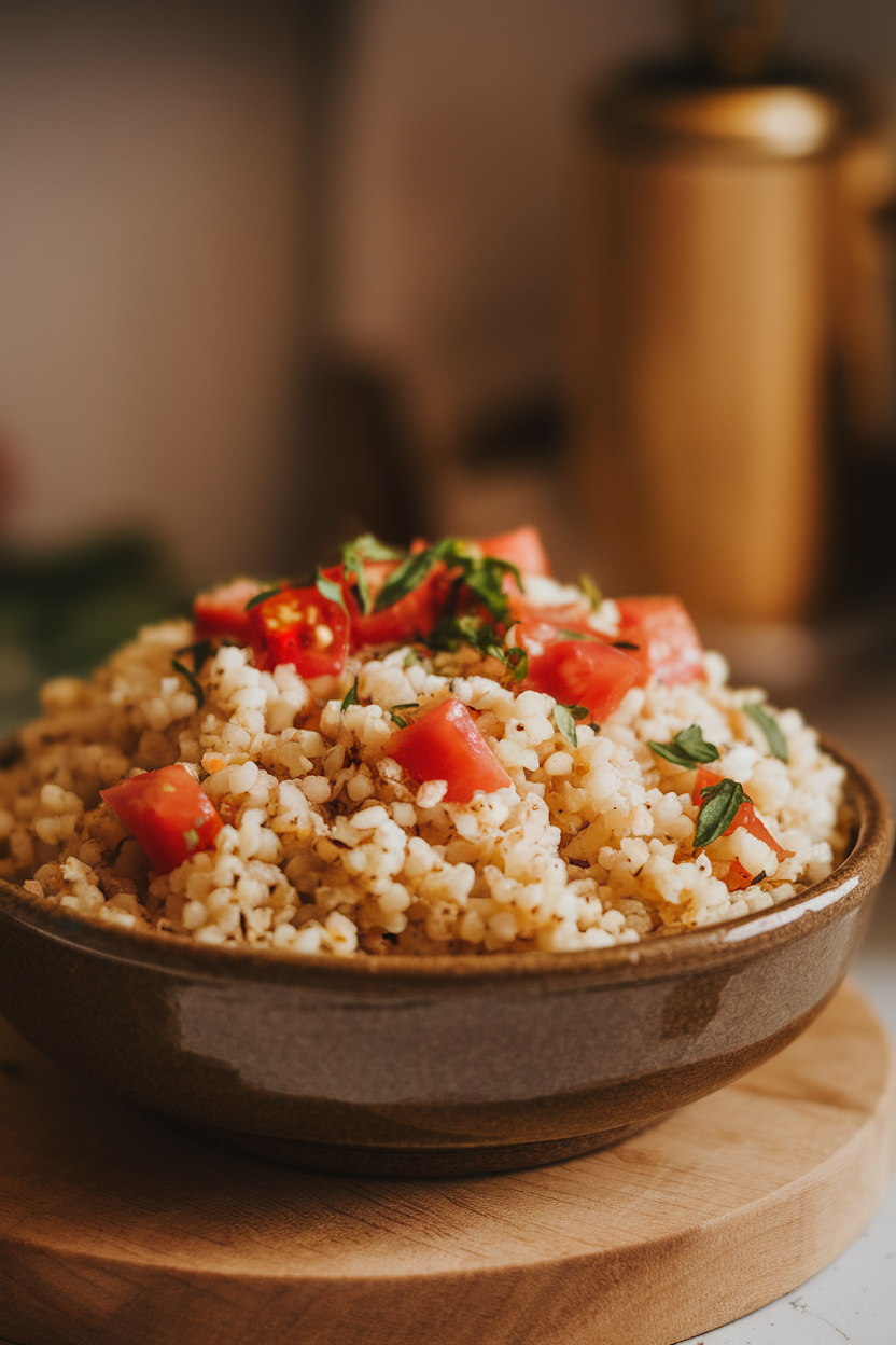Photo of fluffy bulgur studded with diced tomatoes and herbs in a ceramic bowl indoors; no text or logos.