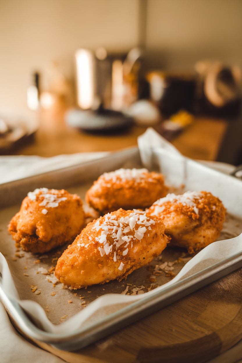 Warm indoor kitchen shot of fried chicken breasts coated in flaked coconut, sitting on a parchment-lined tray, photo only, no text or logos