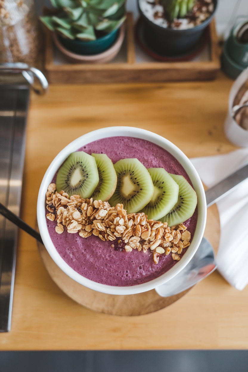 An indoor smoothie-bar countertop showing a vibrant purple açaí bowl topped with sliced kiwi and gluten-free granola, photographed from overhead. No text or logos in frame.
