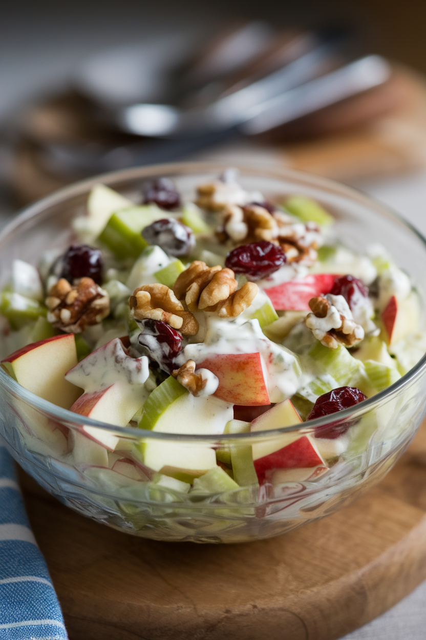 Indoor photo of diced red and green apples mixed with celery, walnuts, and dried cranberries in a creamy yogurt dressing, presented in a glass bowl; soft window lighting, no text or logos.
