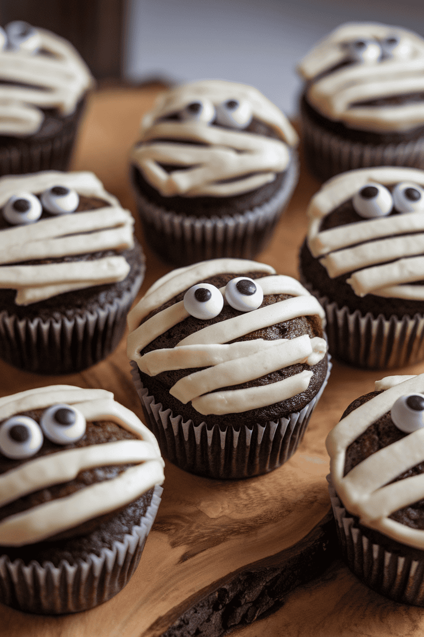 Softly lit indoor image of chocolate cupcakes decorated with zig-zag bands of vanilla frosting to resemble mummy wrappings, candy eyes peeking out; no text or logos