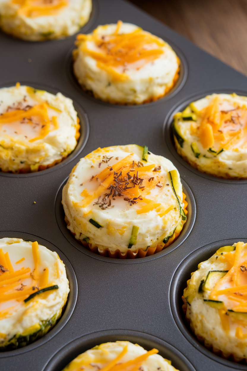 Indoor close-up of silicone muffin cups filled with fluffy egg bites speckled with shredded zucchini and cheddar. No text or logos.