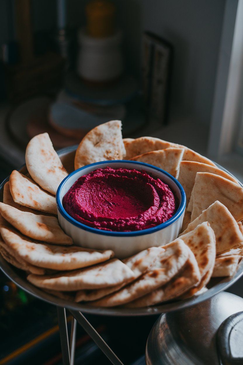 Indoor platter featuring a bowl of deep-crimson beet hummus surrounded by warm pita triangles, dim mood lighting. No text or logos.