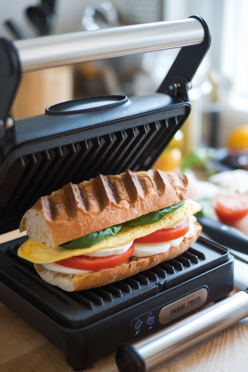 Indoor panini press scene with ciabatta stuffed with tomato, mozzarella, basil, and a thin omelet, grill marks visible. No text or logos.