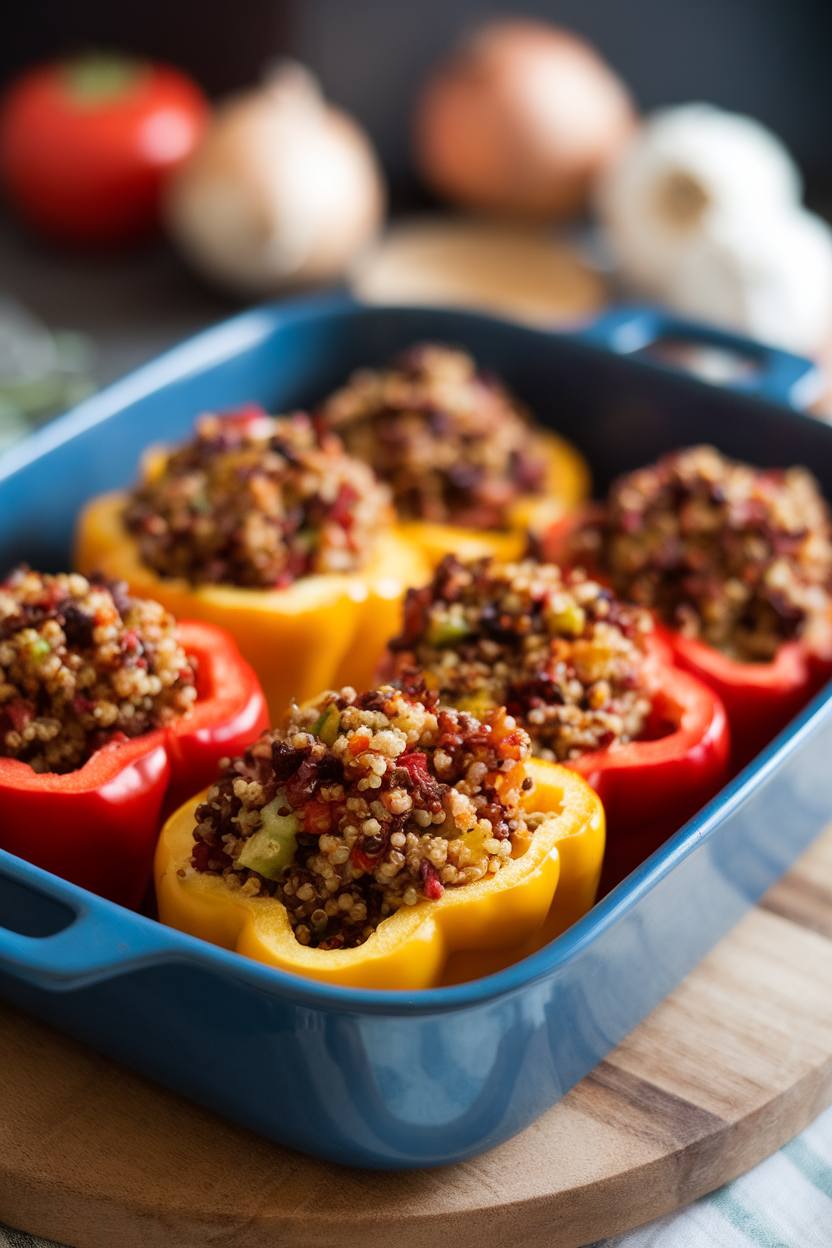 An indoor baking dish featuring halved sweet bell peppers filled with quinoa and veggies, photographed at a three-quarter angle. No text or logos visible.