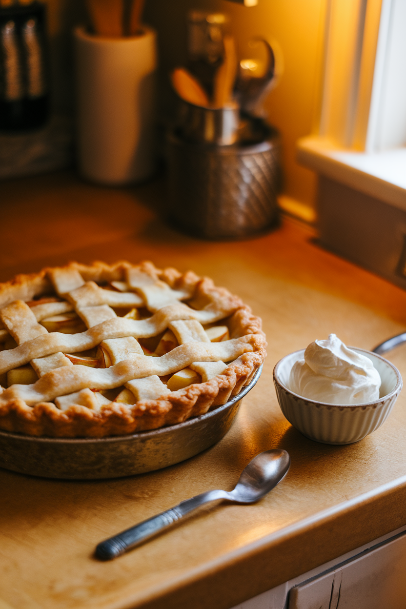 A warmly lit indoor countertop featuring a golden lattice-topped apple pie next to a small bowl of maple-sweetened whipped cream, steam faintly rising. No text or logos.