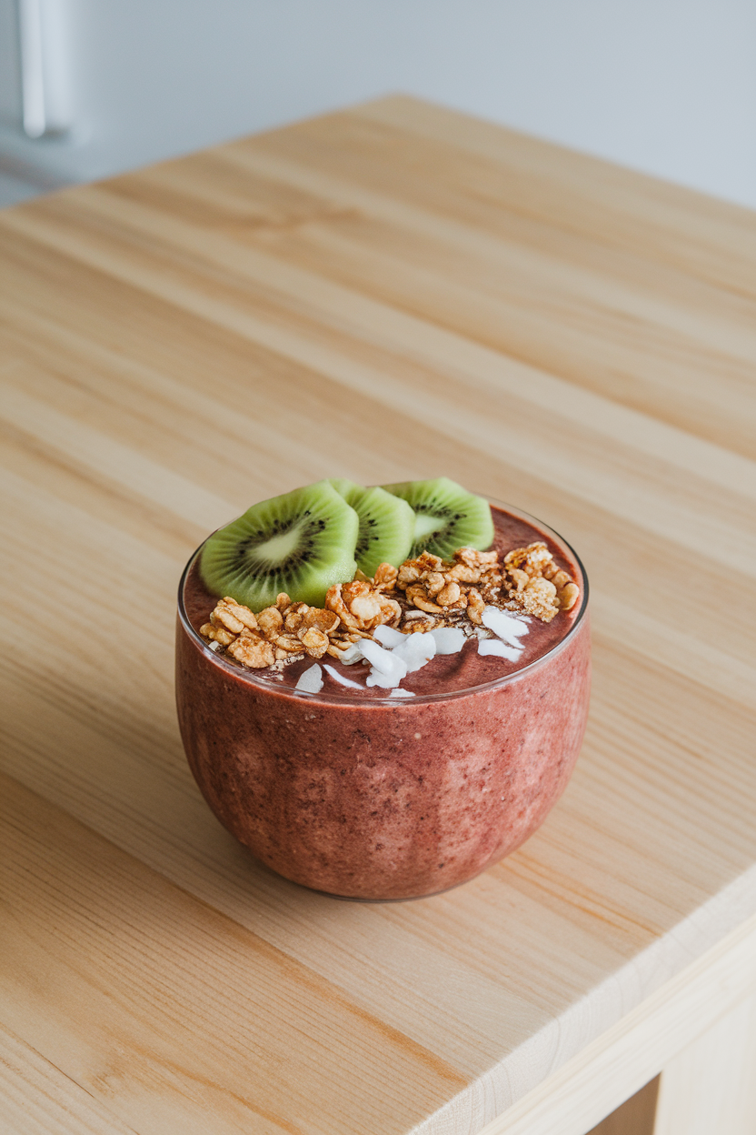 An indoor table with a deep bowl of thick açaí smoothie topped with sliced kiwi, granola, and coconut flakes. No text or logos in scene.