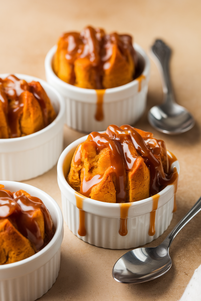 Indoor photo of small ramekins with golden pumpkin bread pudding drizzled in caramel sauce, spoons resting beside. No text or logos.