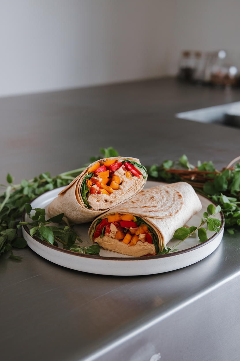 An indoor counter with a whole-wheat wrap stuffed with colorful roasted vegetables and hummus, cut in half. Photo only, no text or logos.