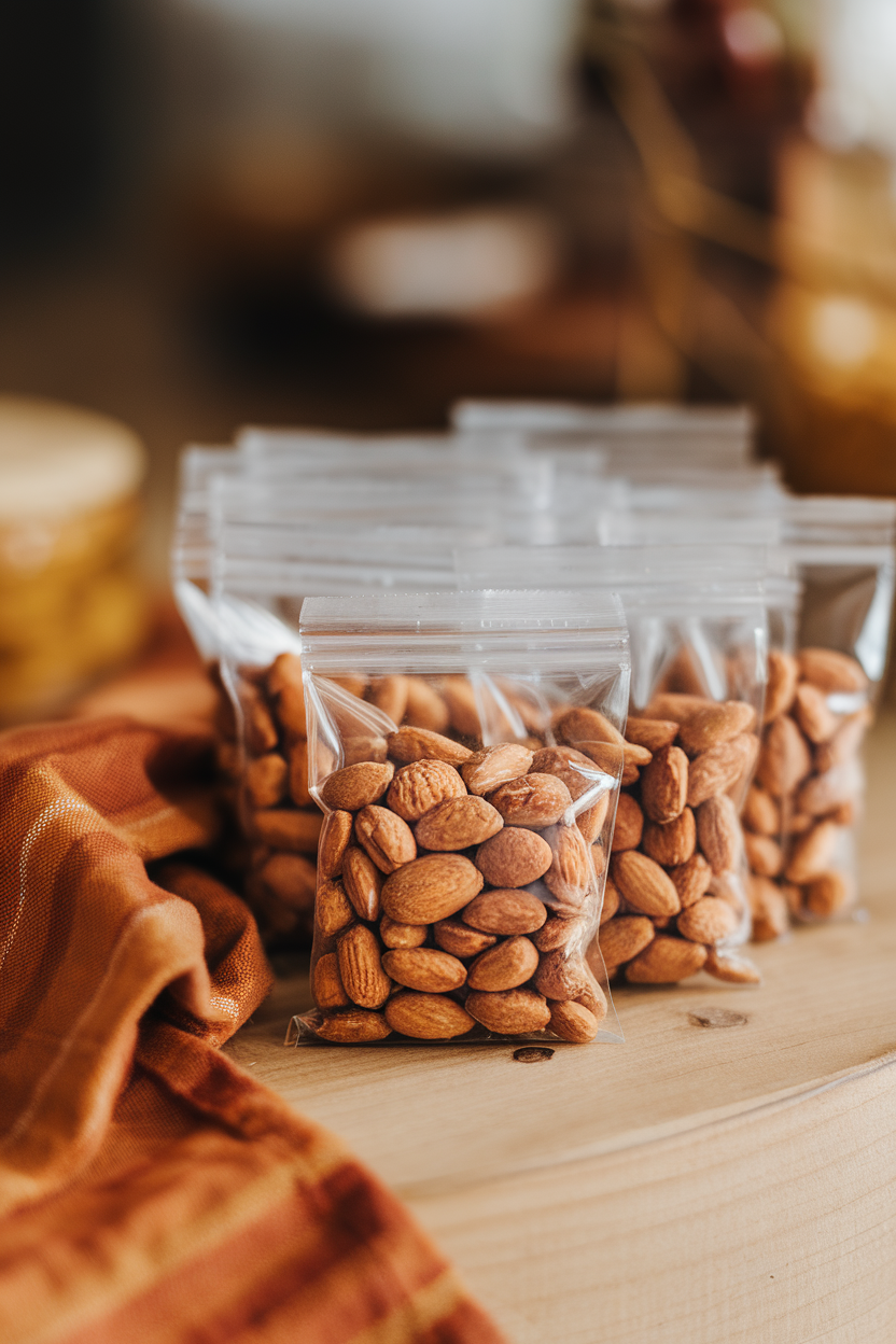 An indoor tabletop shot of several clear snack-size bags filled with roasted almonds, arranged beside an autumn-colored cloth napkin. Soft, even lighting; no logos or text visible; photo only.