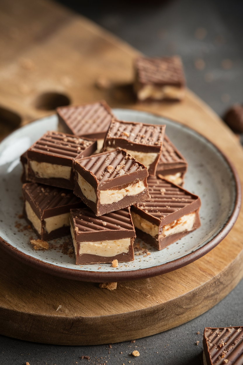 Photo of indoor ceramic plate with bite-size hazelnut wafer chocolate pieces, creamy filling visible, no text