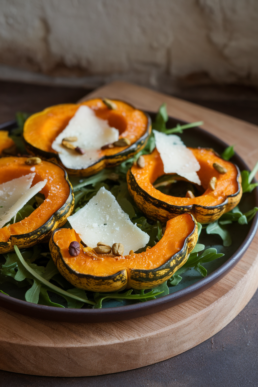 Indoor photo of roasted delicata squash half-rings arranged over arugula with shaved Parmesan and pepitas on a dark ceramic plate; no text or logos.