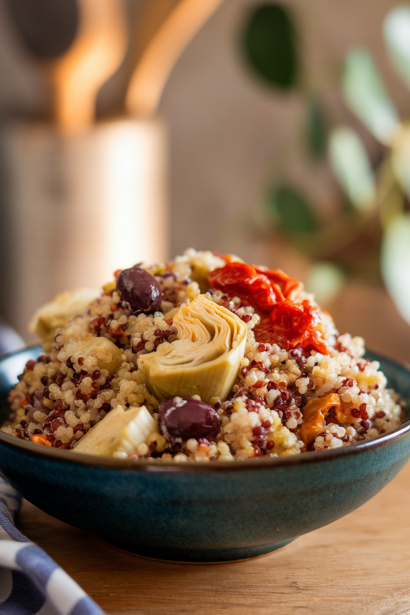 A bowl of tri-color quinoa mixed with marinated artichoke hearts, Kalamata olives, and sun-dried tomatoes. Indoor lighting, no logos.