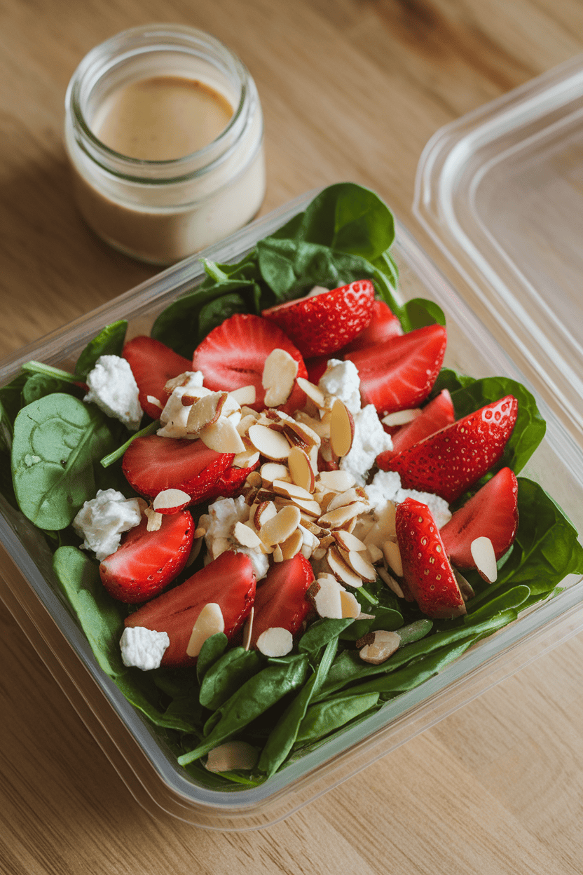 Indoor scene with a clear container of baby spinach, sliced strawberries, crumbled goat cheese, and slivered almonds, dressing in a small jar beside it; no logos.
