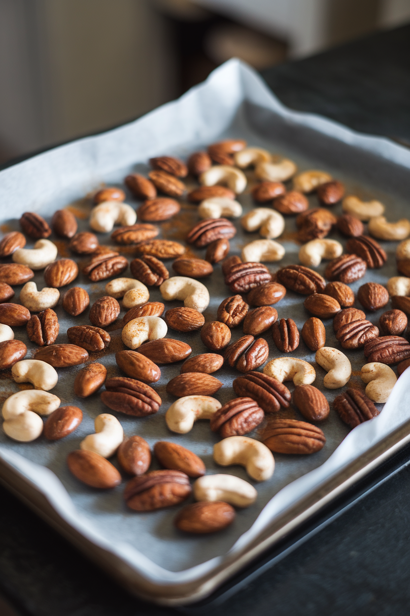 An indoor baking sheet lined with parchment, covered in glossy roasted almonds, pecans, and cashews dusted with pumpkin spice. No logos or text. Photo only.