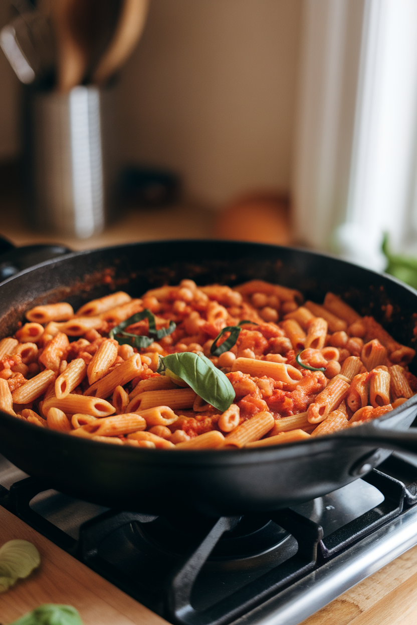 An indoor stovetop photo of a deep skillet filled with whole-wheat penne simmering in a tomato sauce with visible chickpeas and basil ribbons. No text or logos; photography only.