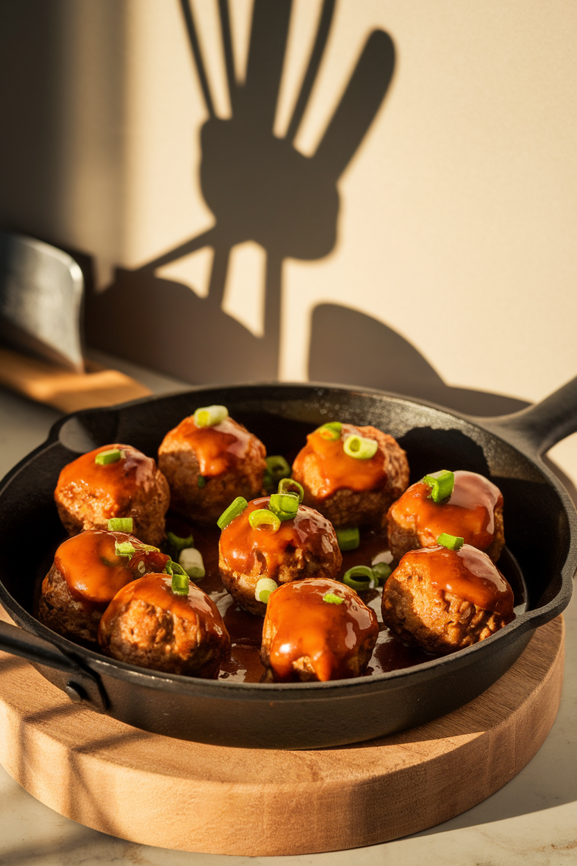 Indoor photo of cocktail meatballs coated in sticky maple-sriracha glaze in a skillet, no text or logos. Photo only.