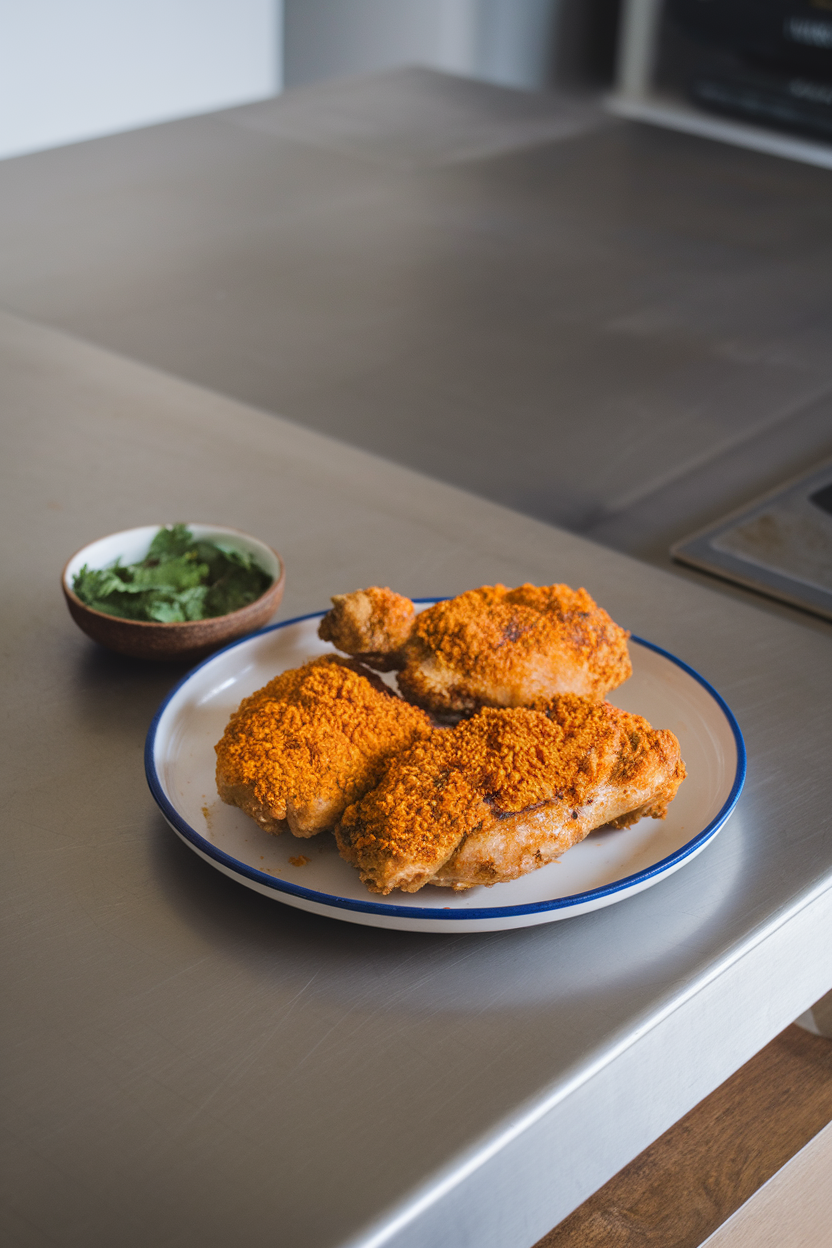 Indoor counter featuring fried chicken breasts with golden turmeric-coconut crust, small bowl of cilantro chutney, photo only, no text or logos