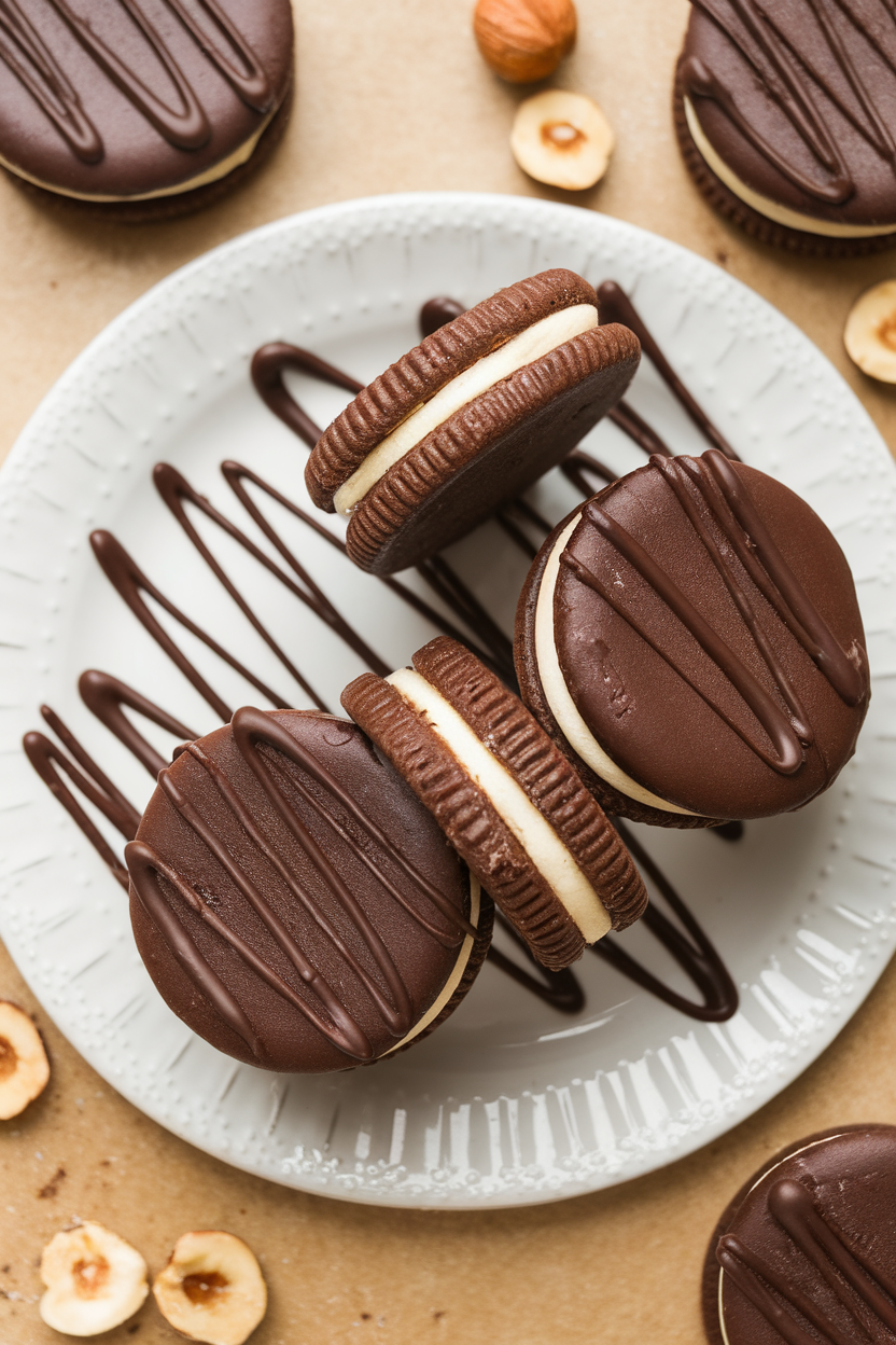 Indoor plate featuring sandwich cookies with mocha filling, surrounded by scattered hazelnuts. No text or logos. Photo, not illustration.