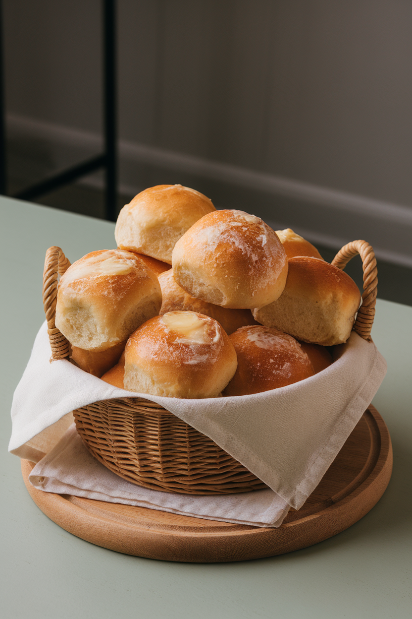Basket of golden dinner rolls brushed with butter, cloth napkin underneath, indoor table. No text or logos. Photo.