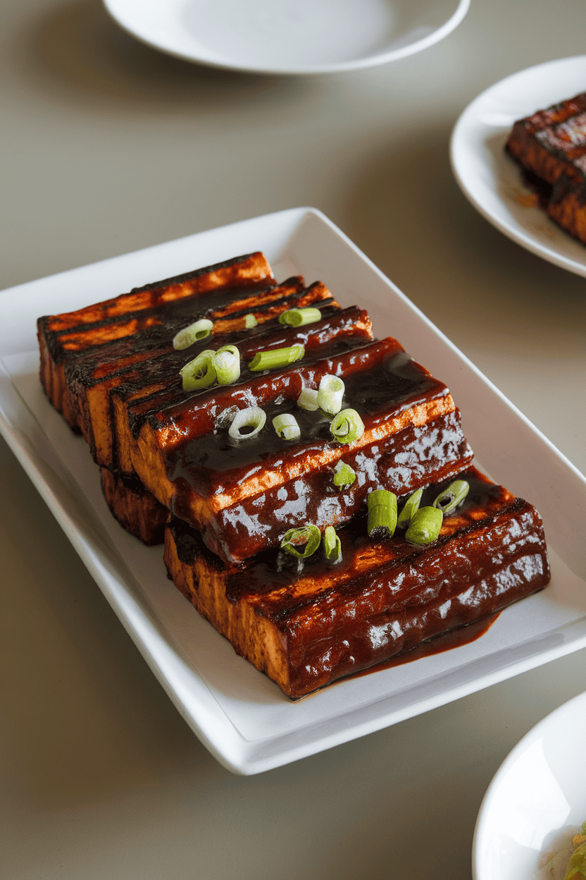 Indoor dining table with thick slabs of grilled tofu coated in dark barbecue sauce, garnished with scallions. No text or logos visible. Photo, not illustration.