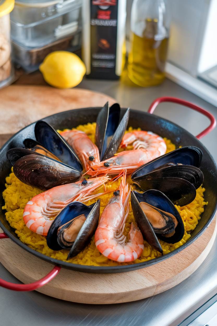 An indoor countertop photo of a small skillet filled with cooked seafood paella—visible shrimp, mussels, and saffron-colored rice—no text or logos.