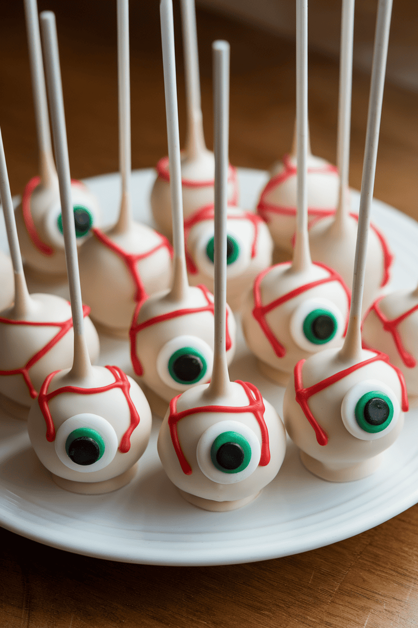 Indoor photo of round cake pops coated in white chocolate, decorated with red icing veins and a green candy center pupil. Soft box lighting, no text or logos.