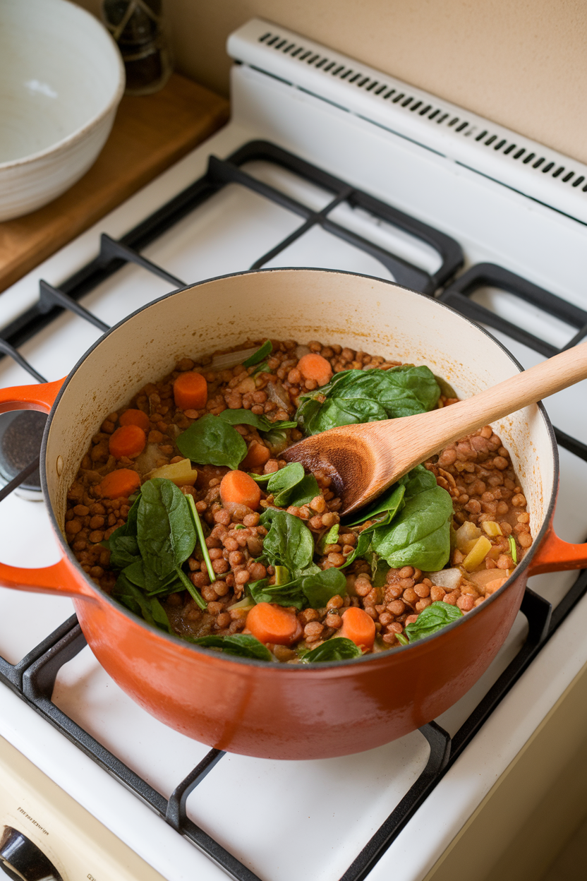 An indoor stovetop scene with a pot of hearty lentil stew dotted with bright spinach leaves; ladle resting inside, no text or branding.