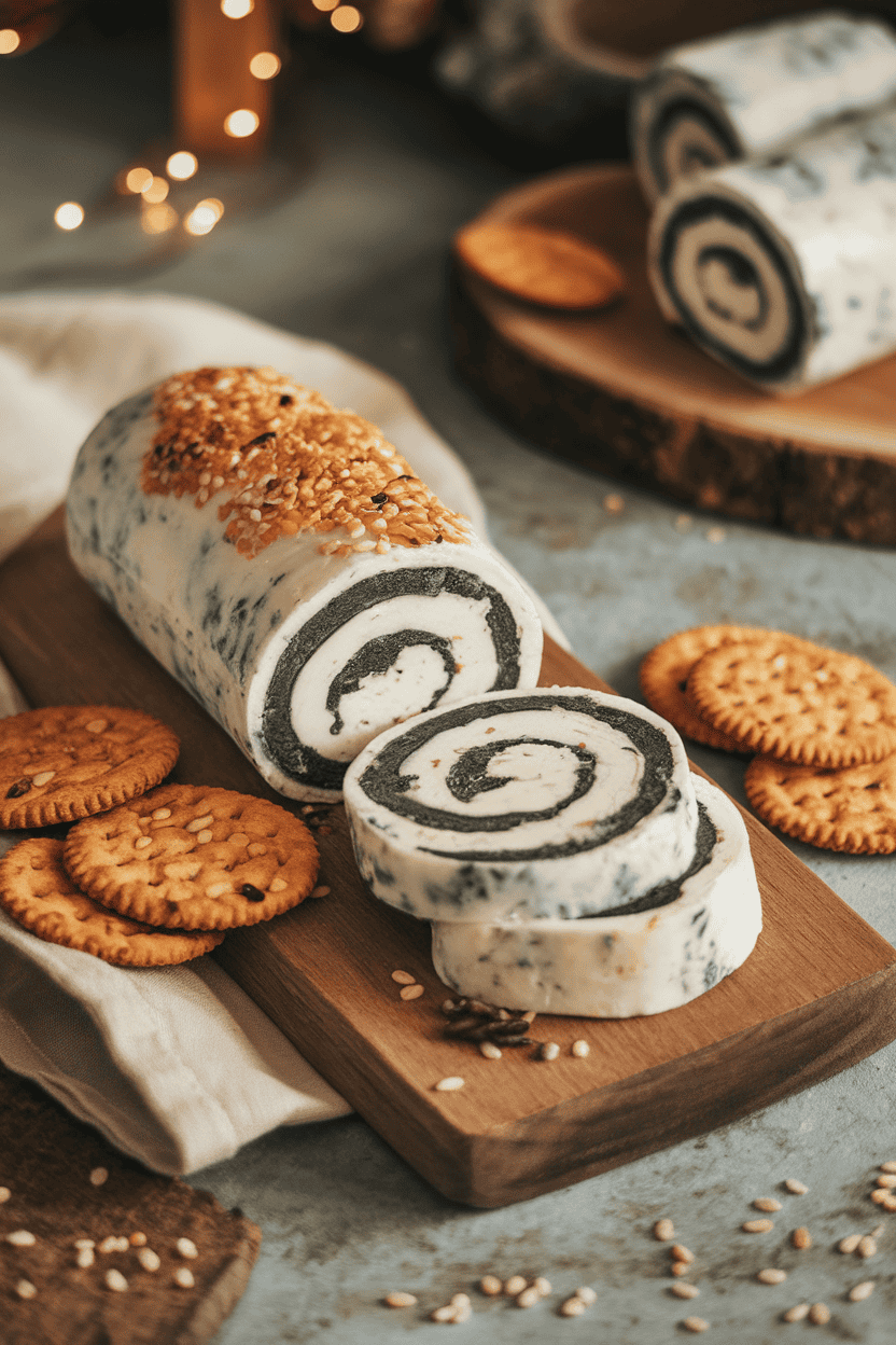 Indoor photo of a cylindrical cheese roll swirled with activated charcoal and plain goat cheese, sliced to reveal a moon-like pattern, served with sesame crackers. No text or logos.