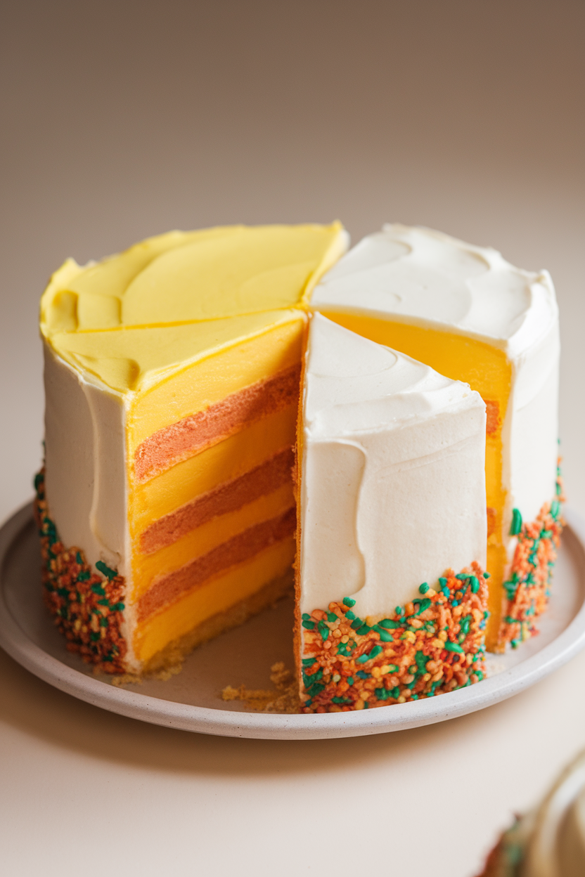 Indoor photo of a sliced three-layer cake displaying yellow, orange, and white tiers with smooth buttercream, sitting on a simple ceramic plate. No text or logos visible.