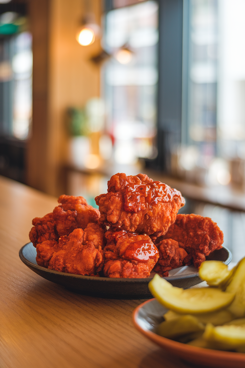 A warmly lit indoor counter showing spicy red-tinted fried chicken breast pieces brushed with chili oil, pickle chips on the side, photo only, no text or logos