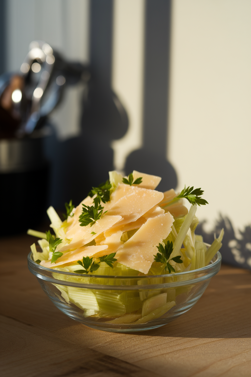 Indoor photo of paper-thin celery slices mixed with Parmesan shards and parsley leaves in a shallow bowl; bright window light, no text or logos.