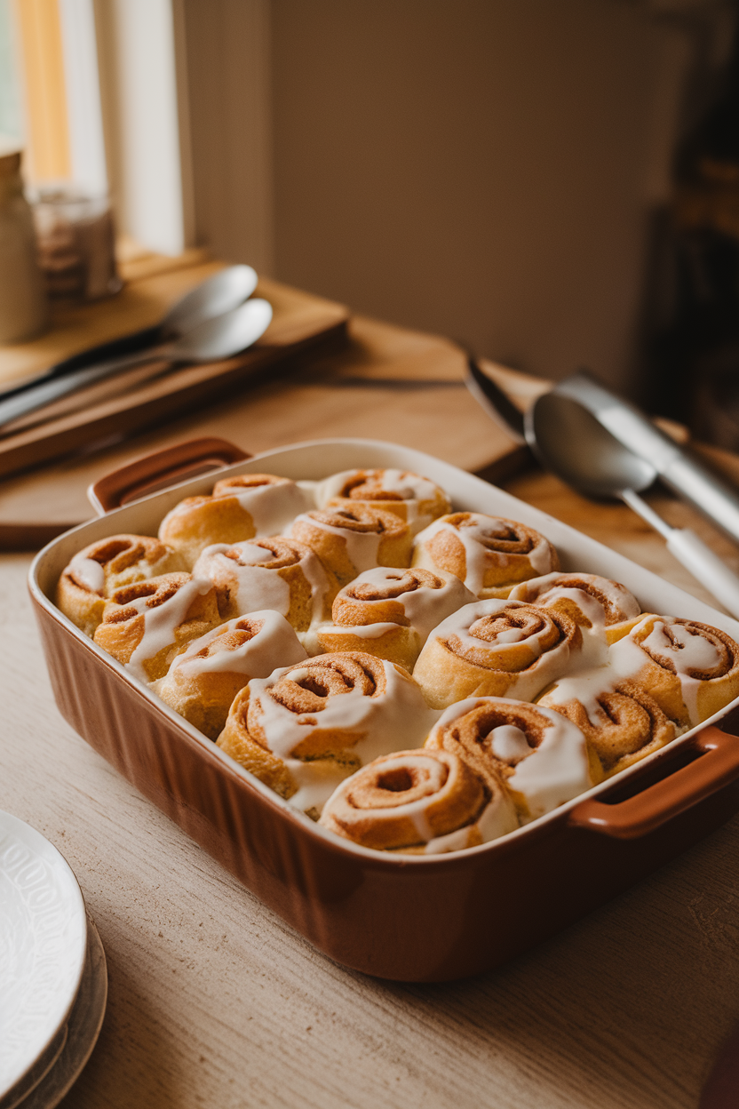 Warmly lit indoor casserole dish filled with cinnamon roll bread pudding, icing drizzled over the golden top. No text or logos.