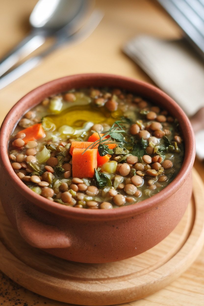 Indoor photo of an earthenware bowl of lentil soup loaded with carrots, celery, and herbs, a drizzle of olive oil on top. No logos or text.