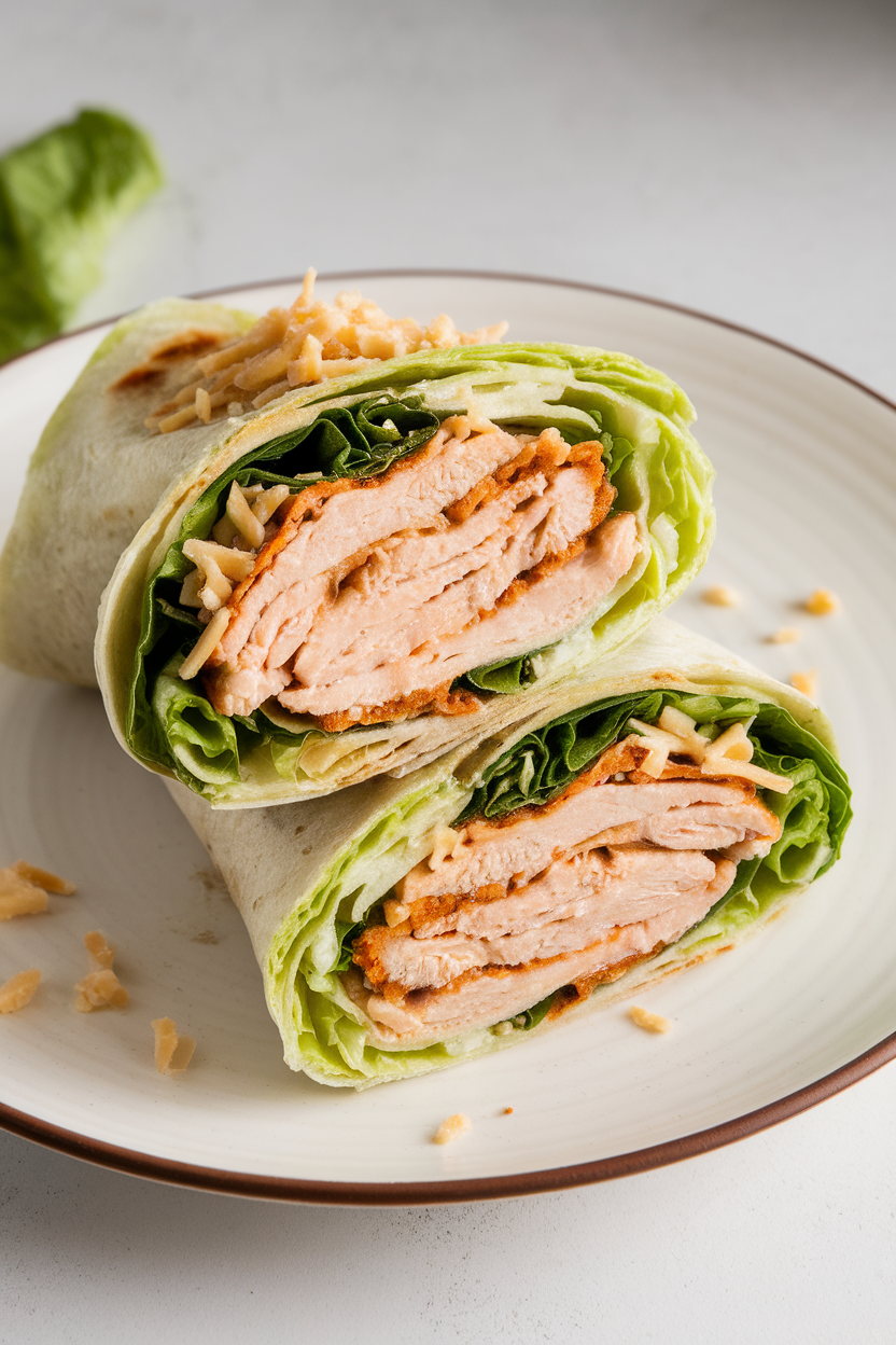 Indoor plate with chicken Caesar wraps cut in half to show romaine, Parmesan, and grilled chicken, no logos. Photo.