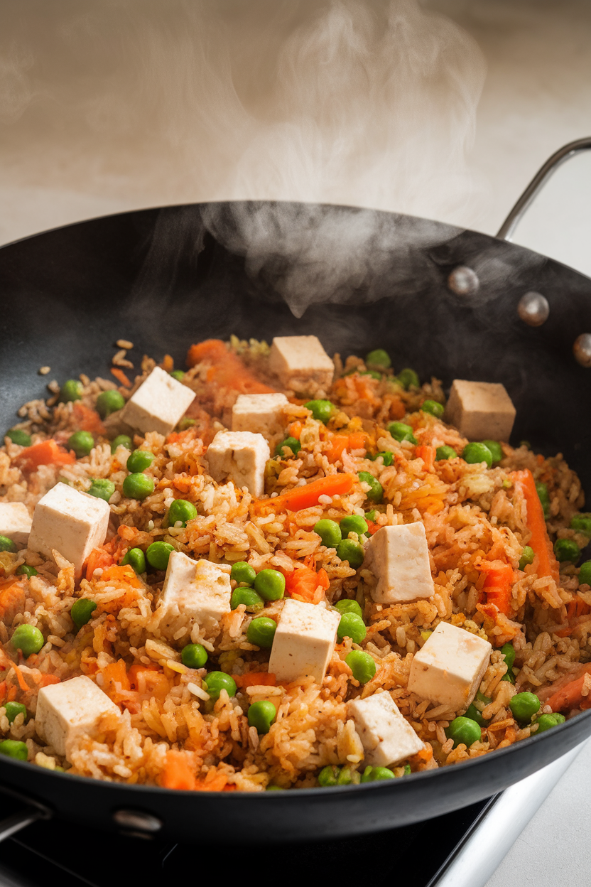 Photo of an indoor wok filled with colorful fried rice, tofu cubes, peas, and carrots, steam rising visibly. No text or logos.