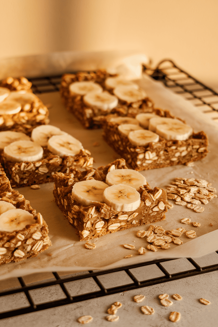 A warmly lit indoor baking rack displaying sliced banana oat bars on parchment, a few rolled oats scattered around—no text or logos. Photo only.