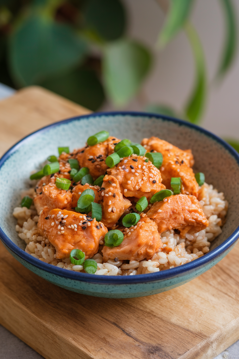 Indoor bowl with orange-sesame chicken breast chunks, scattered with green onions and sesame seeds, served over brown rice. No text or logos. Photo.