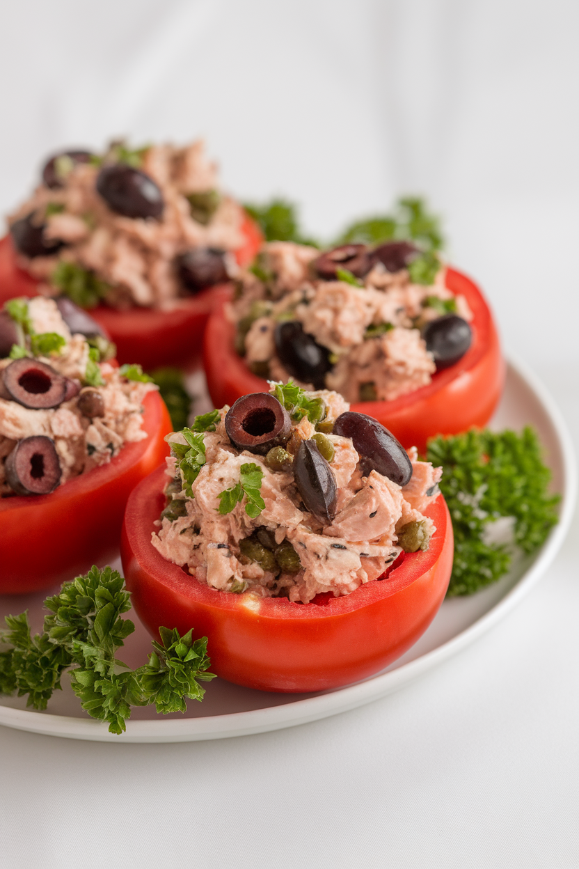Indoor plate displaying hollowed tomatoes overflowing with olive-capers tuna salad, garnished with parsley. No text or logos.