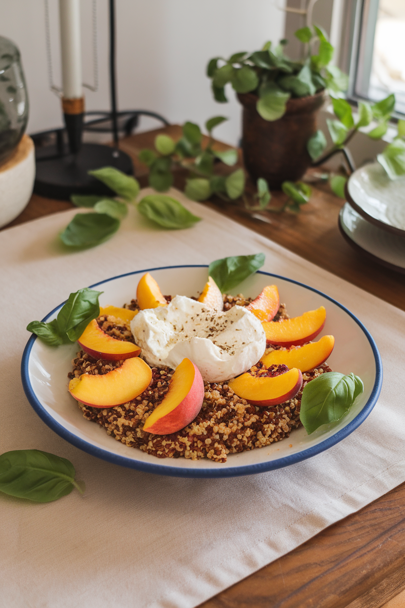 Indoor table with quinoa topped with juicy peach wedges and torn burrata, basil leaves around; no text or logos.