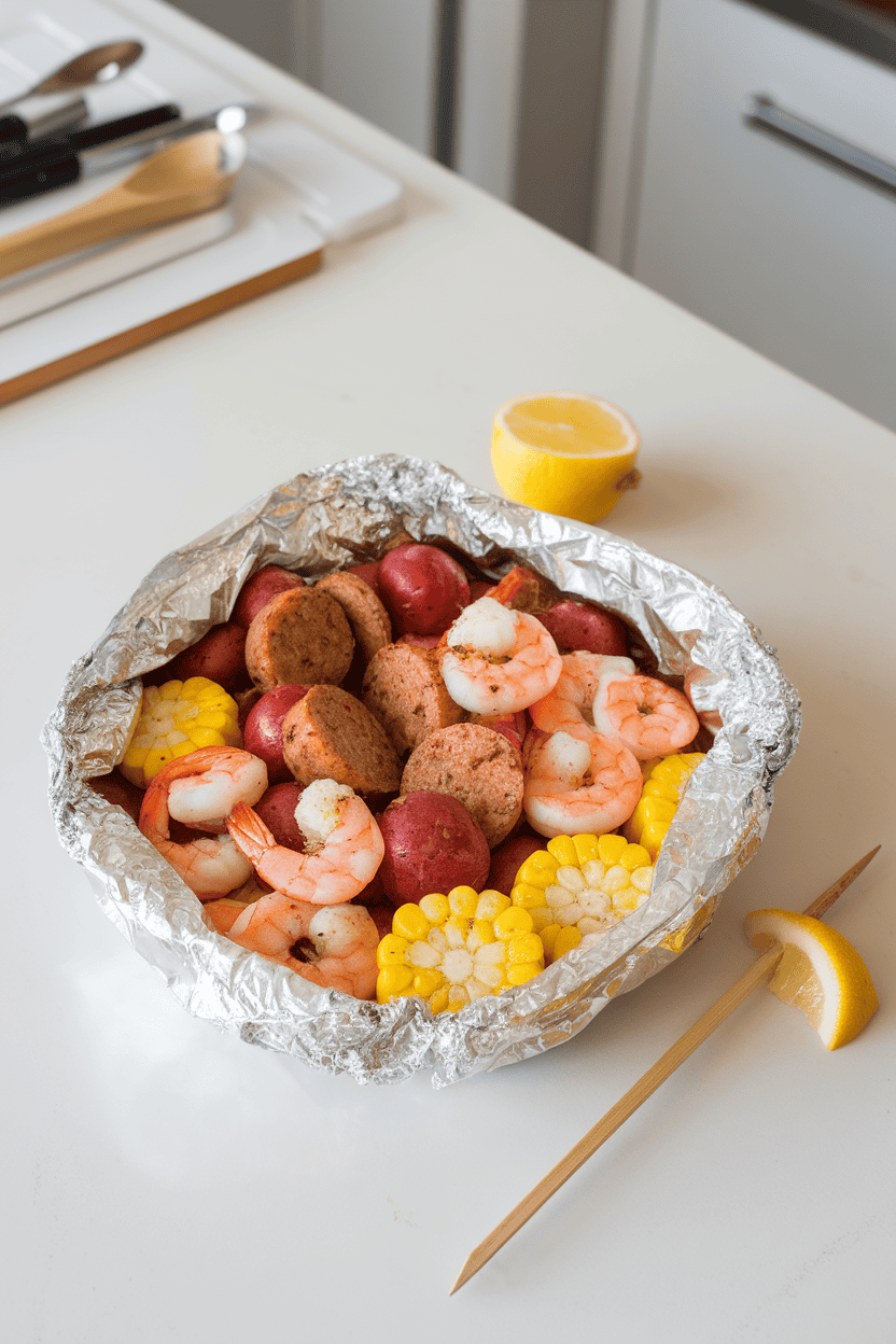 Indoor counter with an opened foil packet revealing cooked shrimp, corn rounds, sausage coins, and red potatoes seasoned with Old Bay. No text or logos visible. Photo, not illustration.